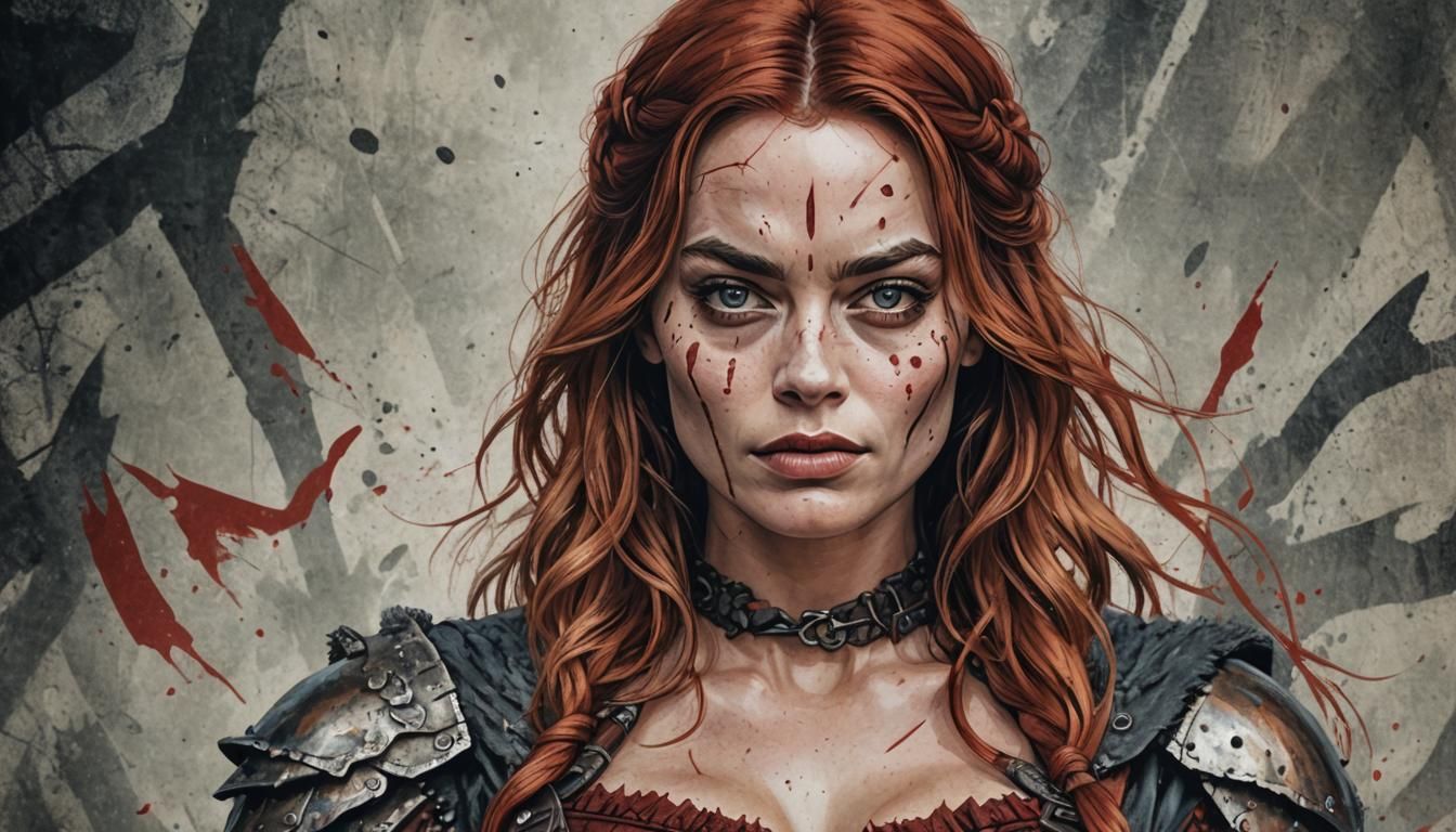 Hyper-Realistic Red Sonja Portrait in Distressed Digital Art