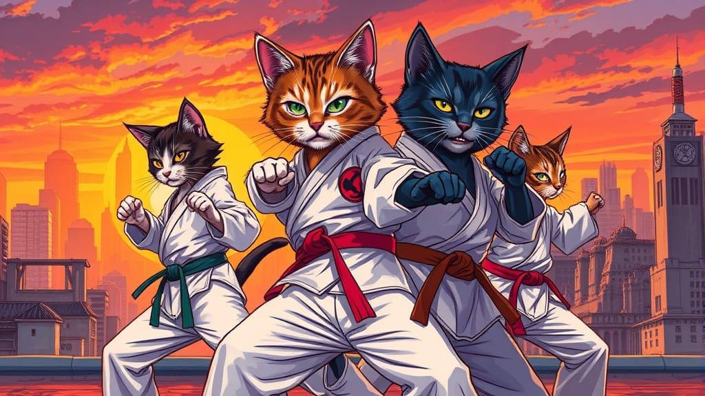Karate Cats in Cityscape Comic Book Art