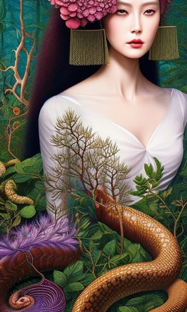 Serpentine Woman in Mycelium Network, Fashion Magazine Art