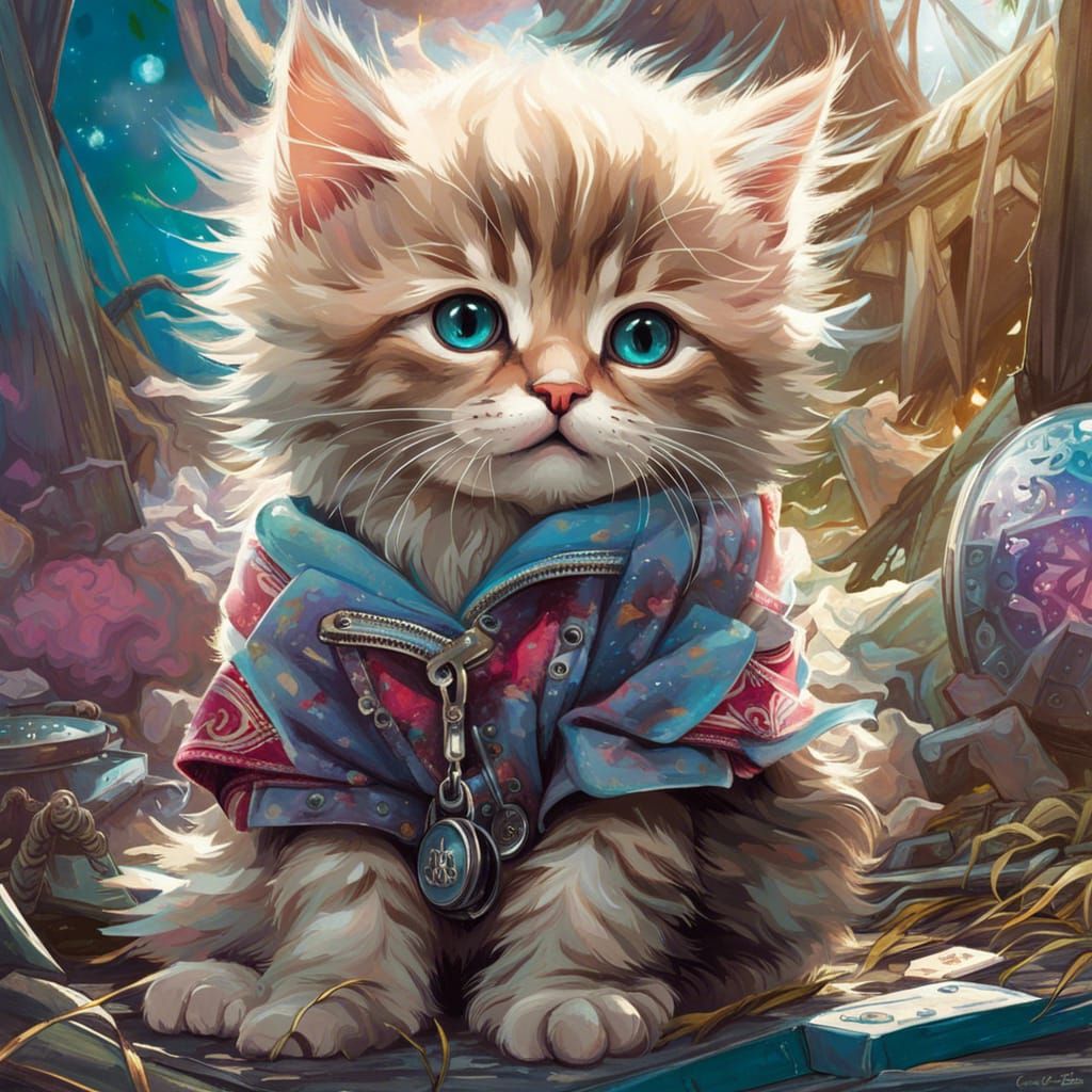 Fluffy Kitten in Hipster Camp, Digital Art