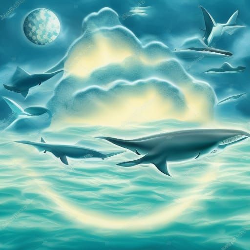 Surreal Sharks Swimming on the Moon, Dali Style