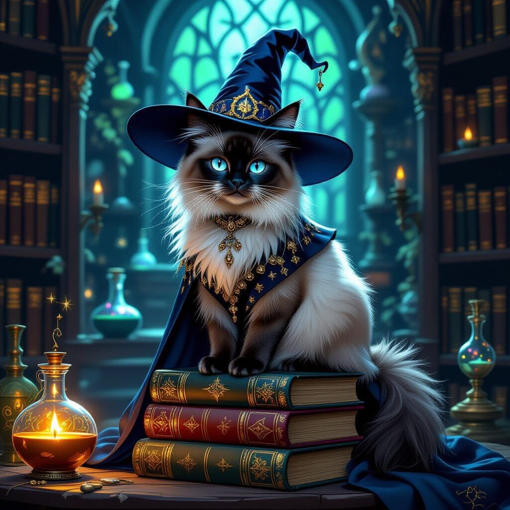 Regal Siamese Witch Cat on Spellbound Books