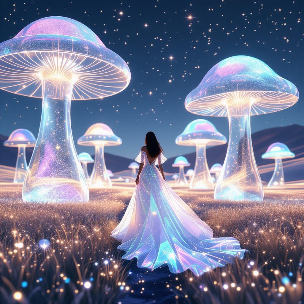 Dreamlike Stardust Landscape With Glass Mushrooms and Flowin...