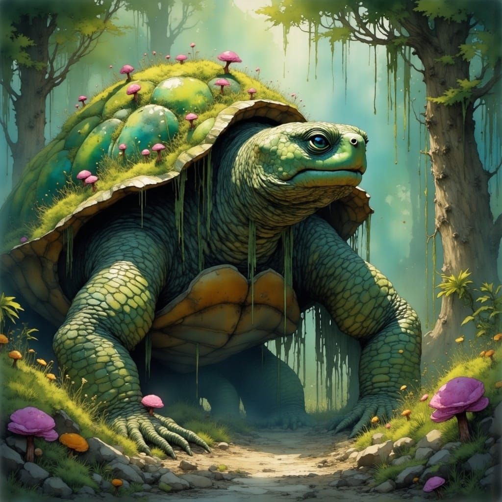 Glowing Turtle Wizard Lost in Lush Tropical Realm