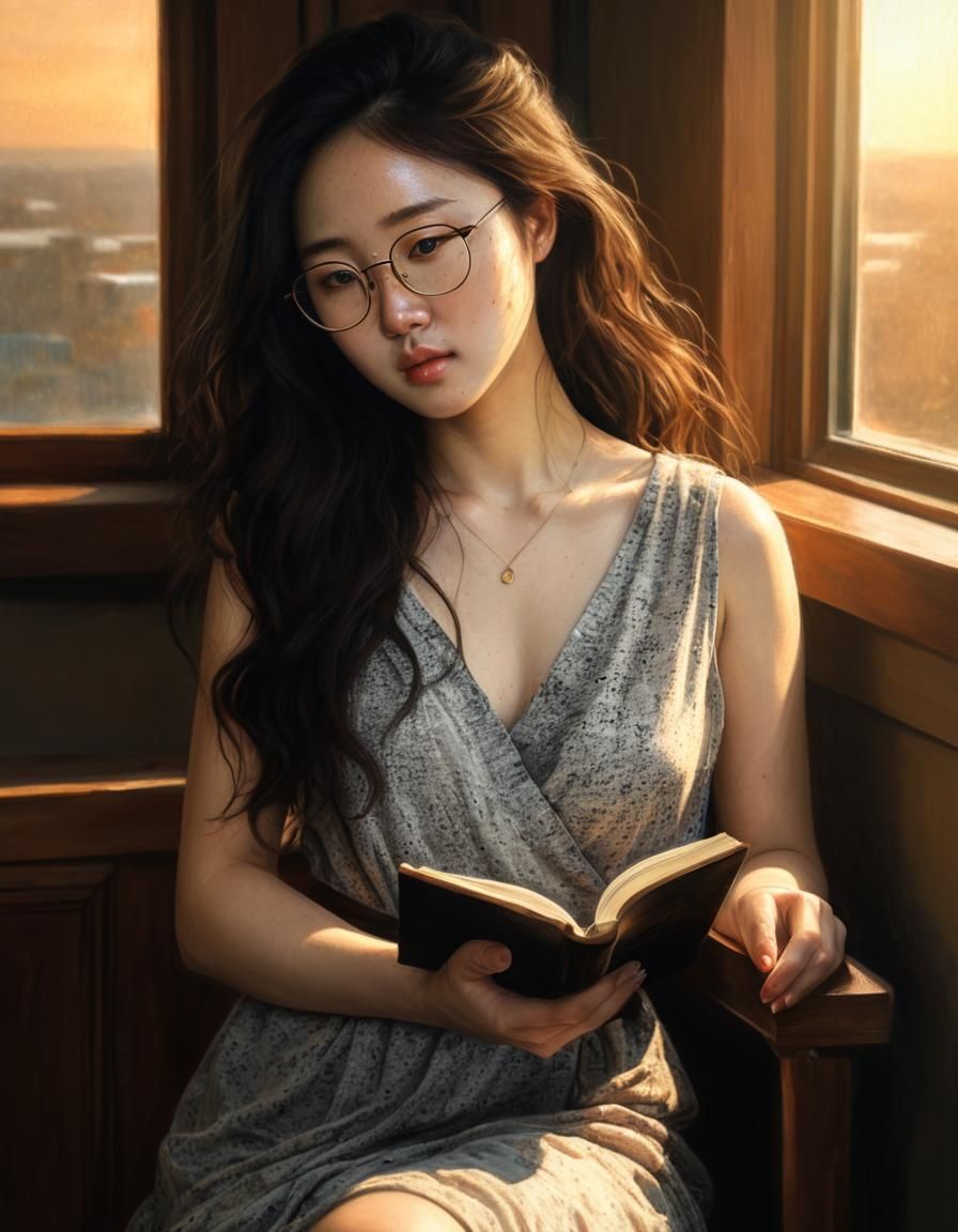 Korean Woman Reading in Library: Chiaroscuro Oil Painting