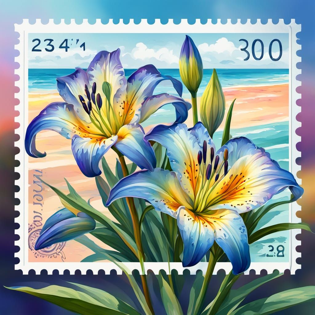 British Stamp with Blue Lily, Digital Art