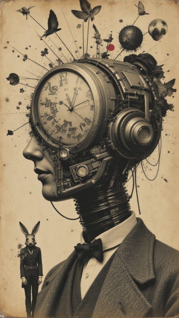 Surreal Mechanical Head with Rabbit Operator