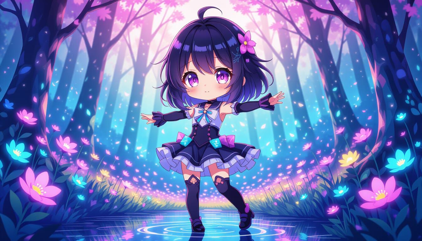 Chibi Anime Girl Dancing in Neon Mutant Forest