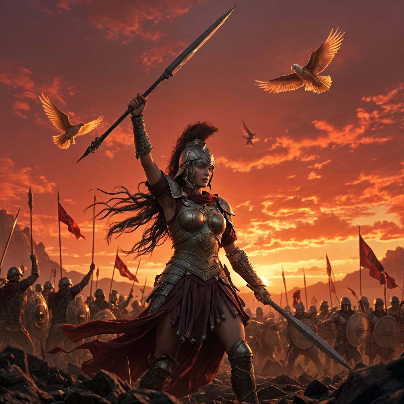 Female Warrior Raises Spear on Crimson Battlefield
