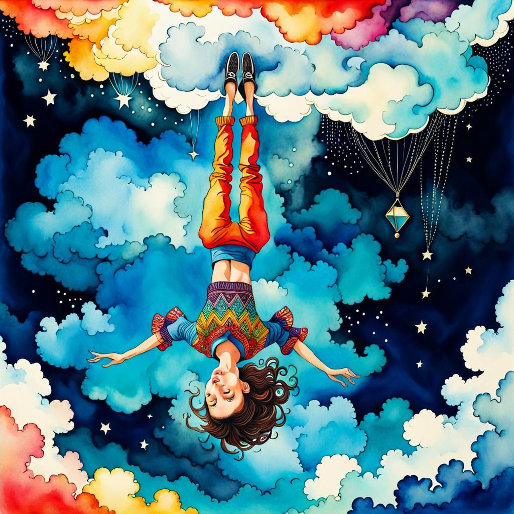 Surreal Woman Falling from Cloud in Mirror Worlds