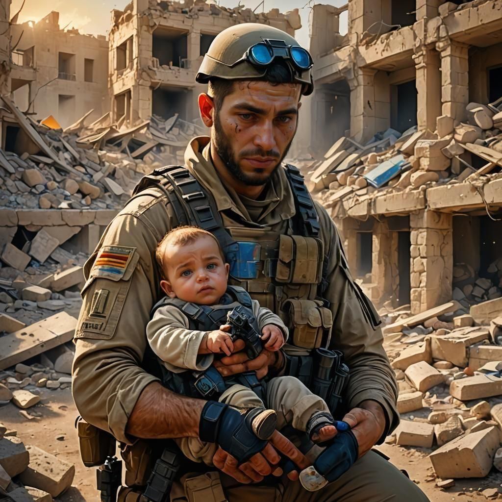 Compassionate Soldier Cradles Baby: Hyperdetailed Digital Ar...