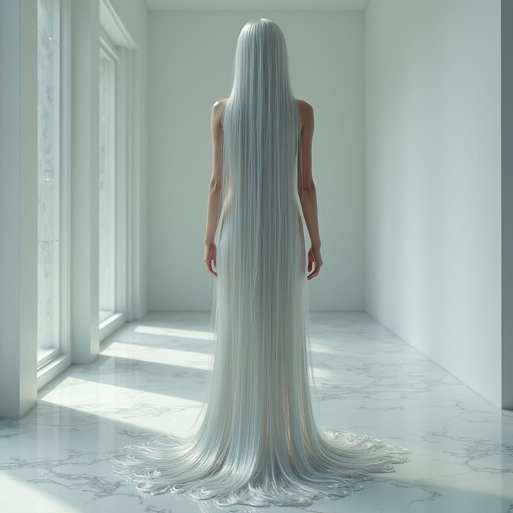 Surreal Goddess with Liquid Mercury Hair in Ethereal White E...
