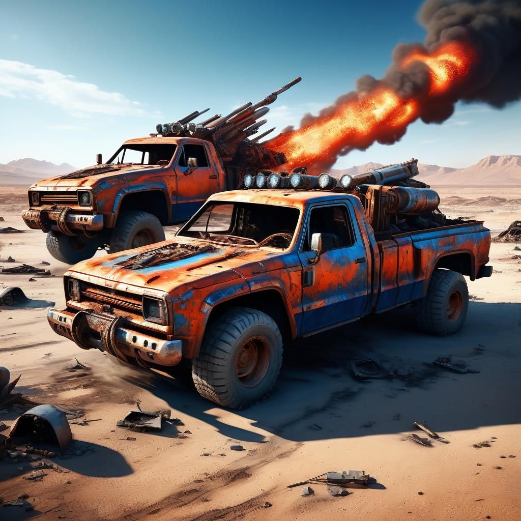 Futuristic Trucks Colliding in Desert Wasteland