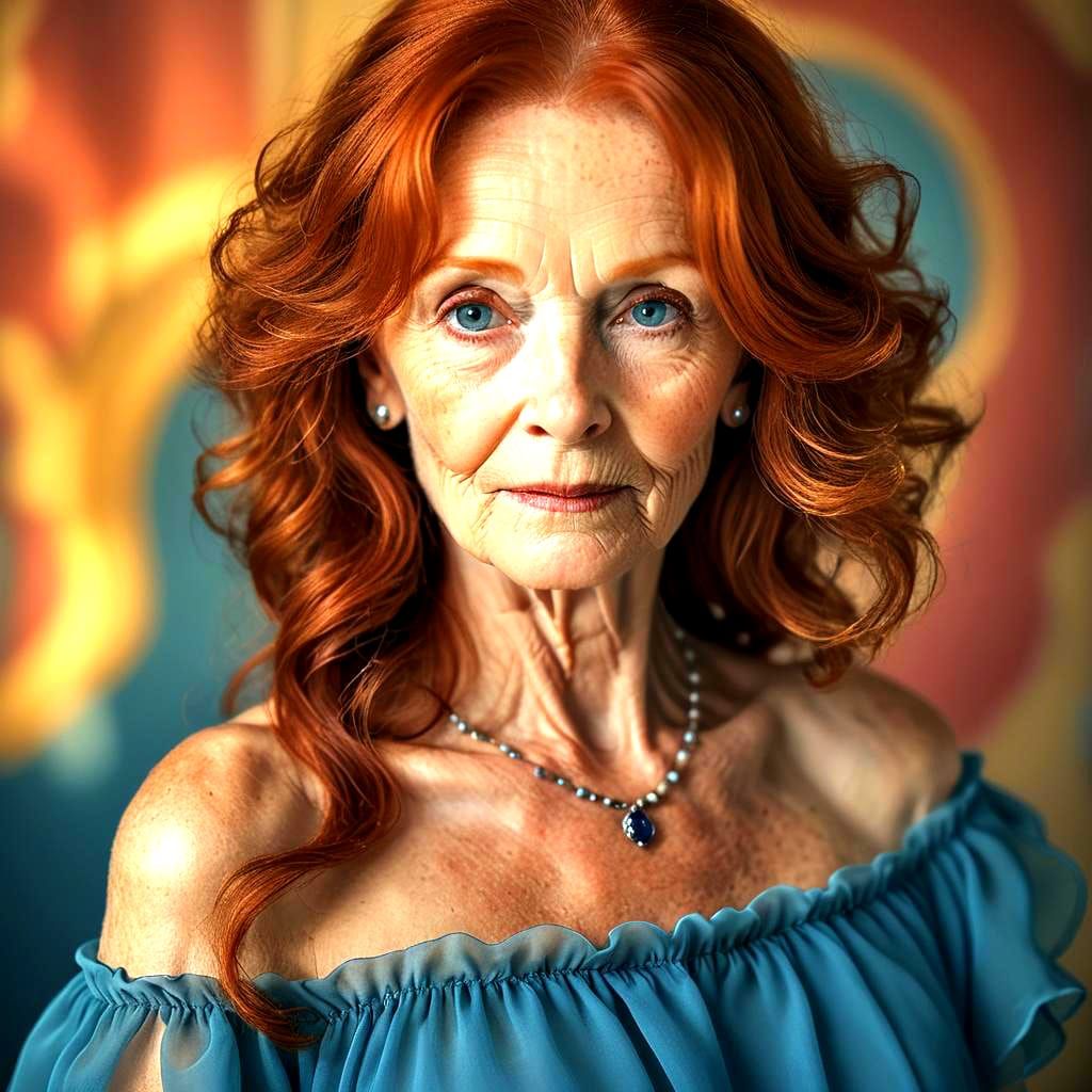 ((  80 year old redhead woman In blue chiffon dress  ))