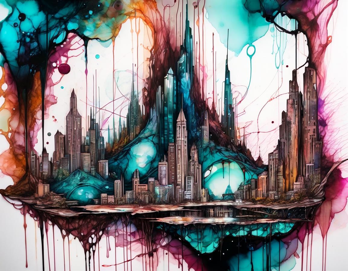 Futuristic Fantasy City in Alcohol Ink Style