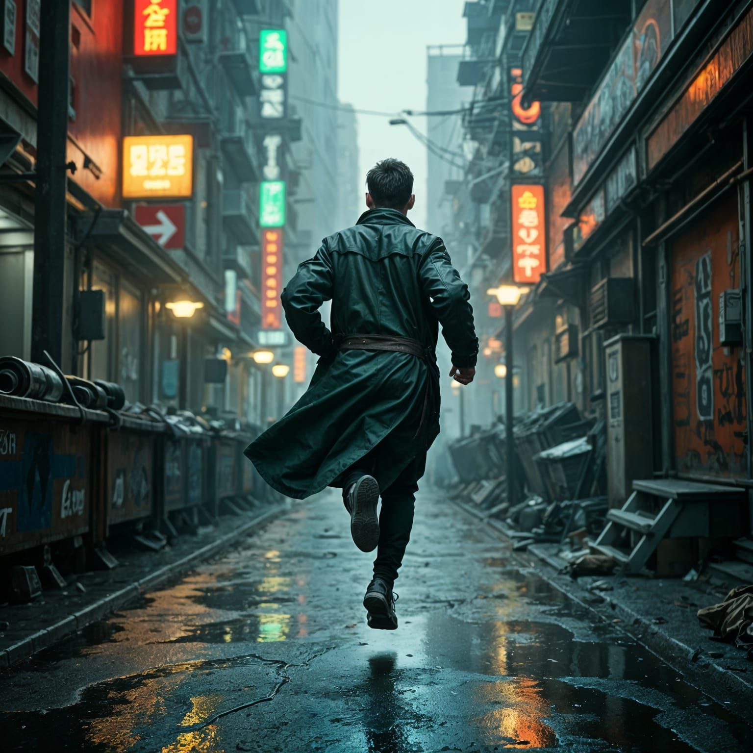 Young Man Leaps Through Dark Cyberpunk Alleyway