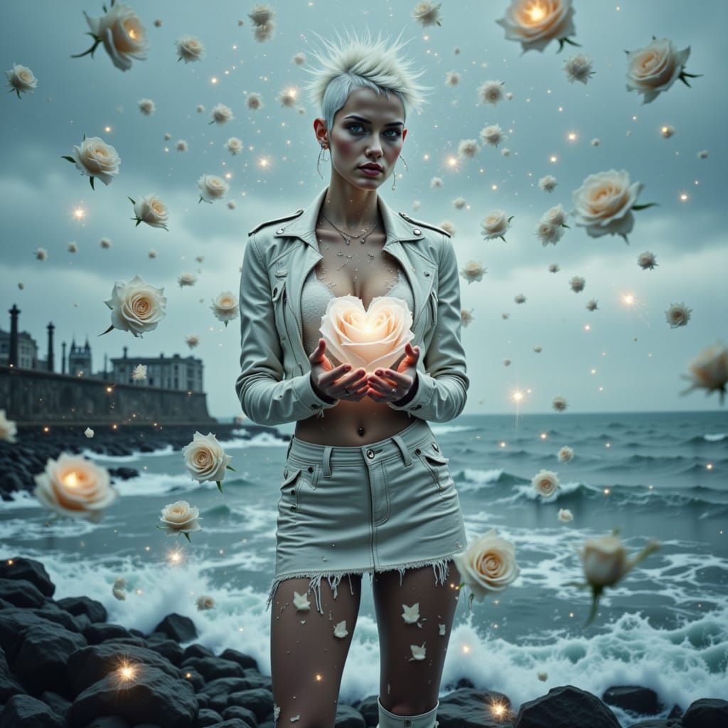 Punk Woman with Heart in White Roses by the Sea