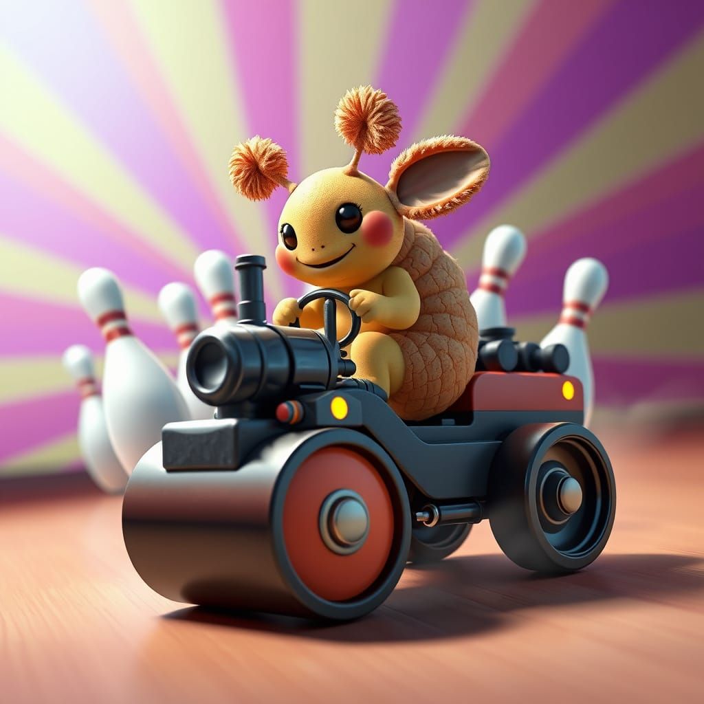 Cute Tardigrade Steam Roller Smashes Bowling Pins in Vibrant...