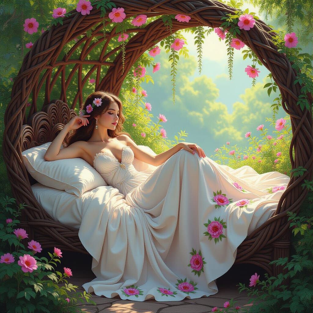 Flower Nymph on Bramble Bed, Impasto Oil Painting