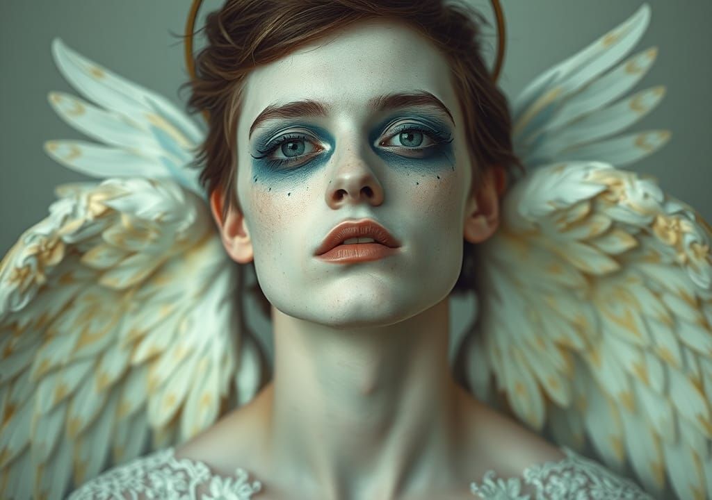 Celestial Young Man with Angel Wings in Surreal Portrait