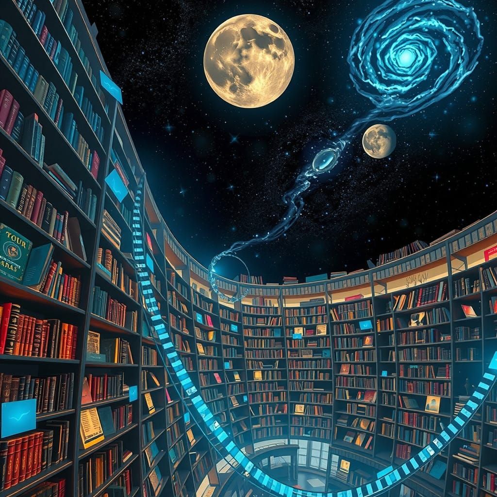 Ethereal Library in Cosmic Expanse: Radiant Bookshelves and...