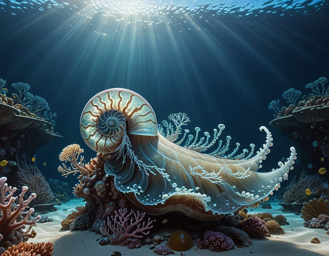 Crystaline Nautilus Dives Through Shallow Reef