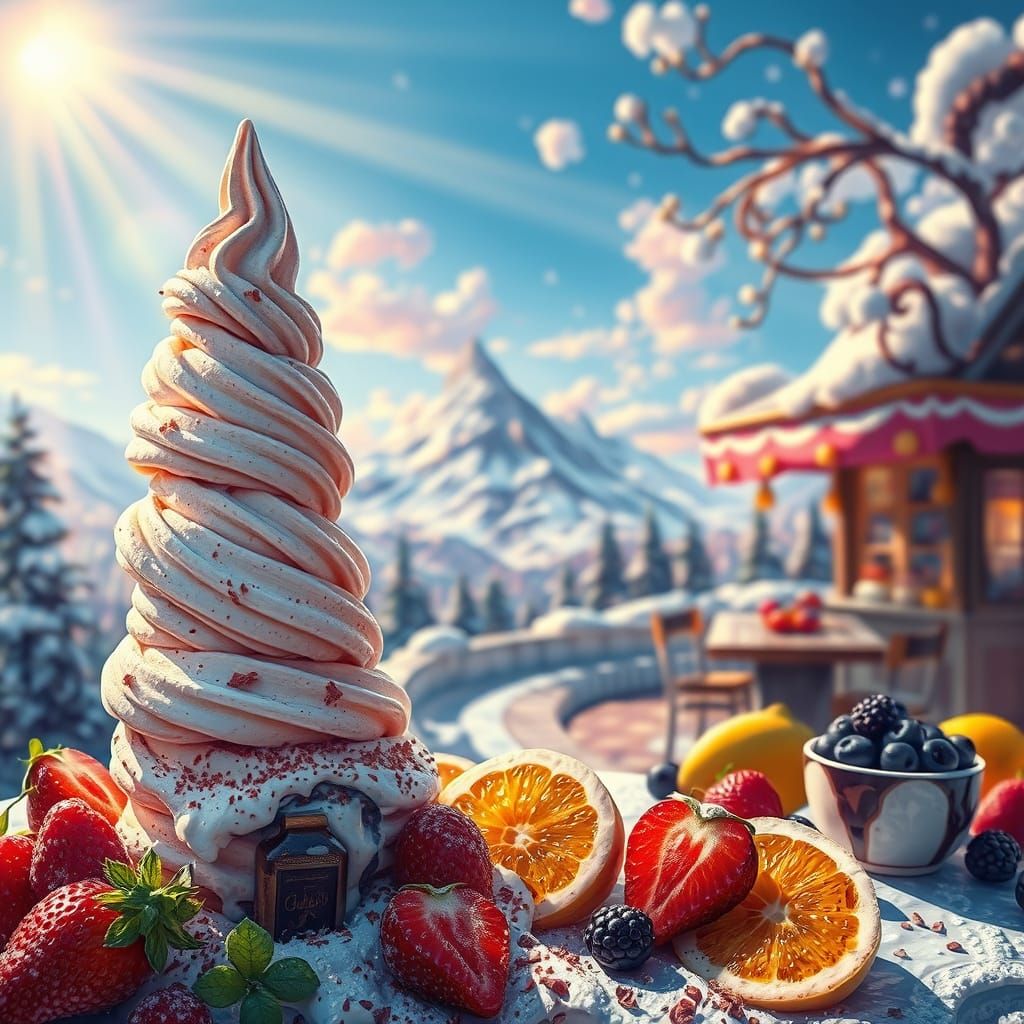 A landscape made of ice cream and whipped cream mountains