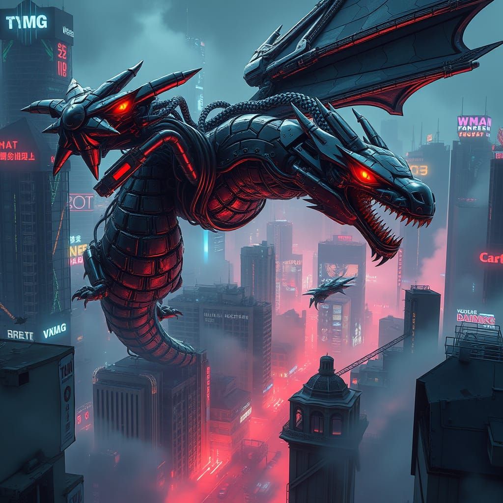 Cyberpunk Metal Dragon Soars Through Dystopian City