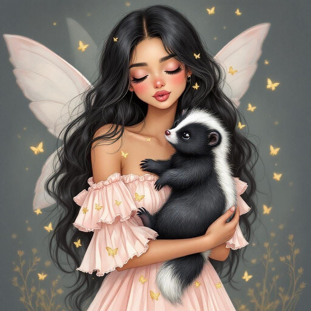 Fairy Cradling Skunk in Watercolor Style