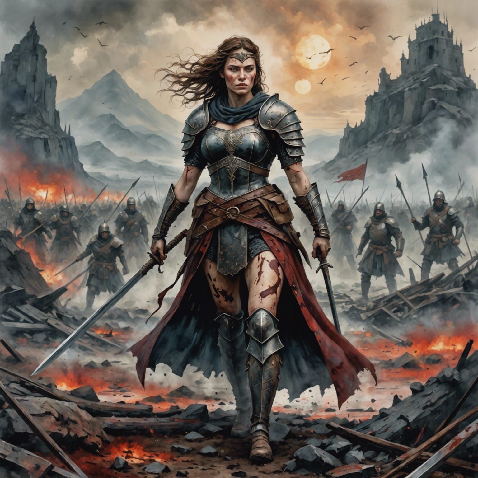 Victorious Female Warrior in Vintage Watercolor Painting