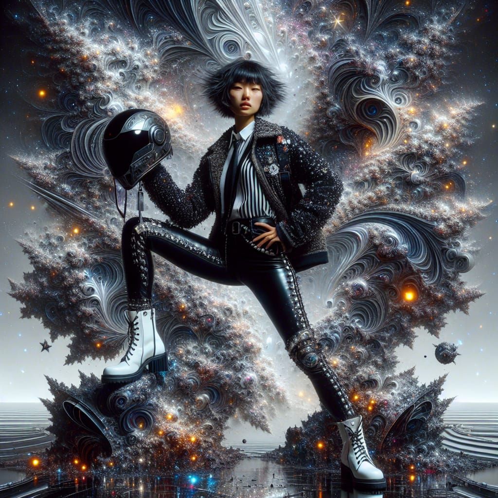 Punk Glamour Steampunk Asian Woman in Fractal Cosmos