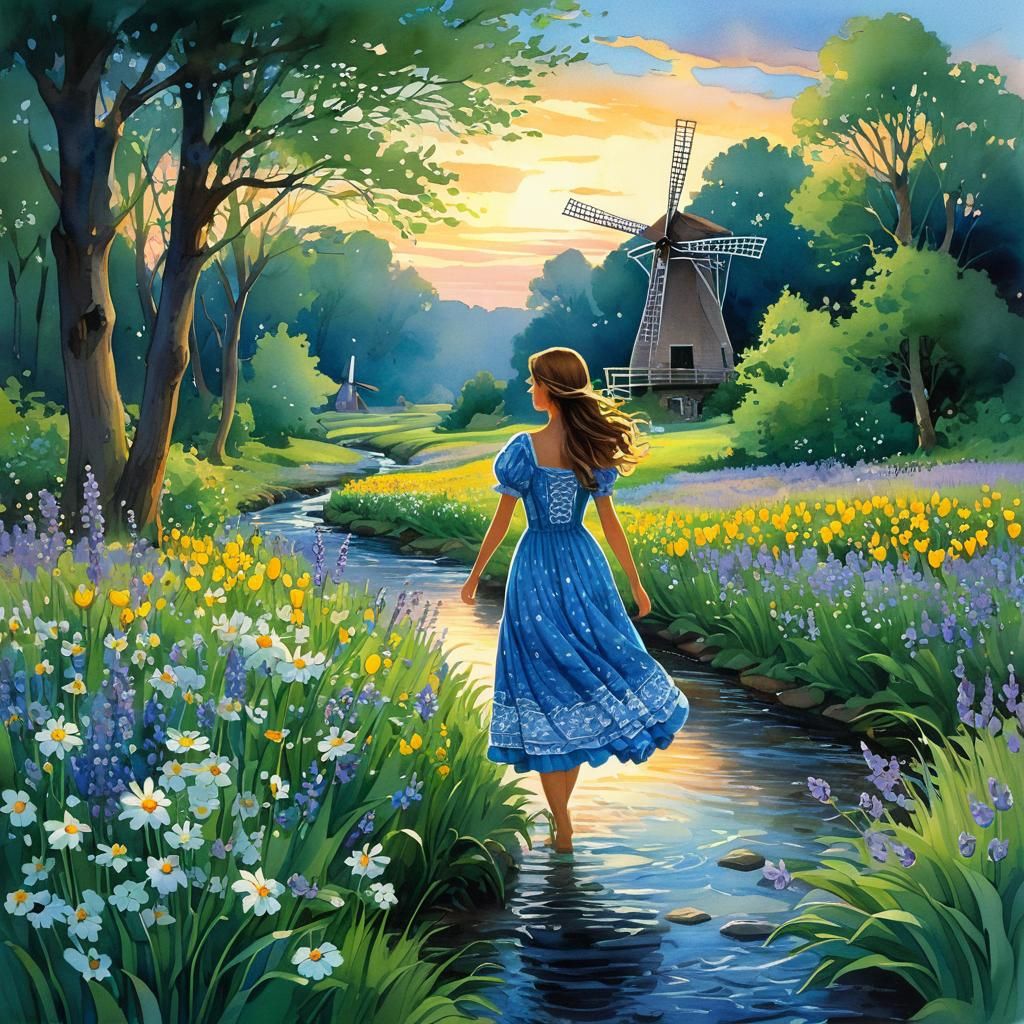 Fairy Tale Maiden in Bioluminescent Forest: Watercolor Art