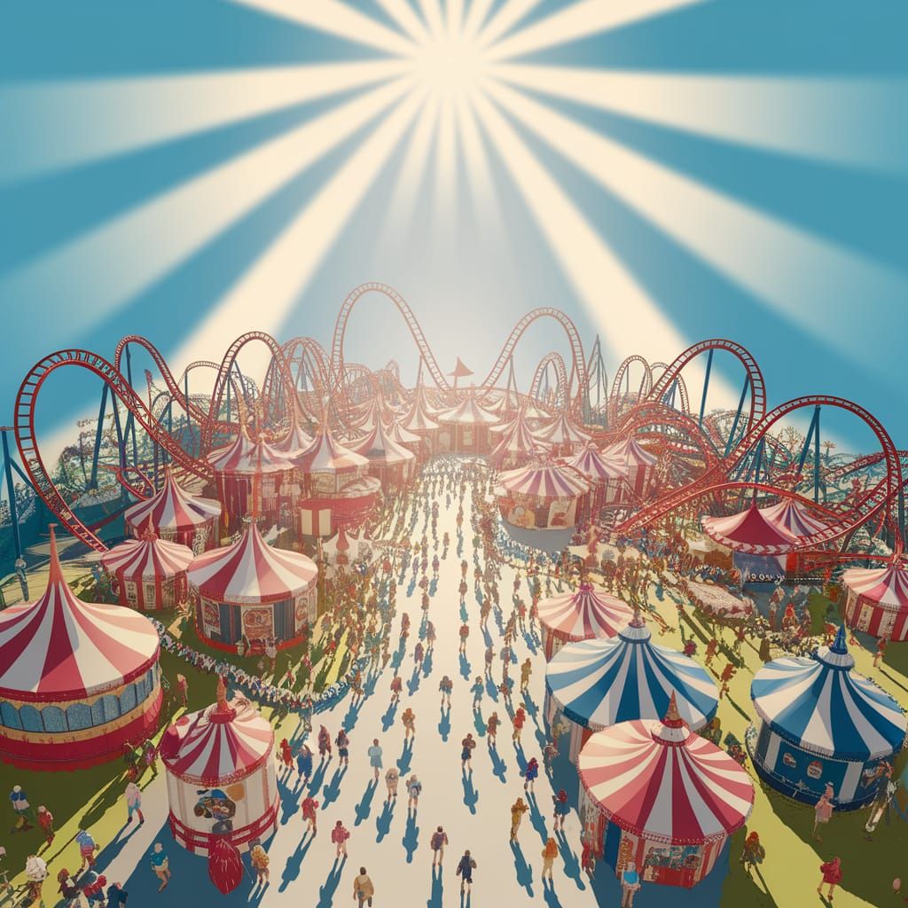 Bird's Eye View of Vibrant Amusement Park as 3D Animation