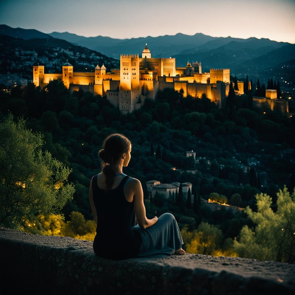 Woman Gazing at Alhambra by Night, Cinematic Film Still