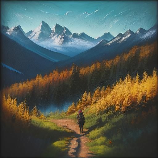 Woman and Mastiff Hike Mountain Trail as Impasto Painting