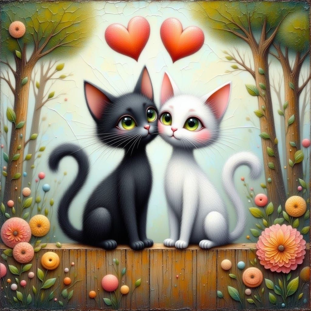 Magical Black Cat Friends Share a Whimsical Kiss