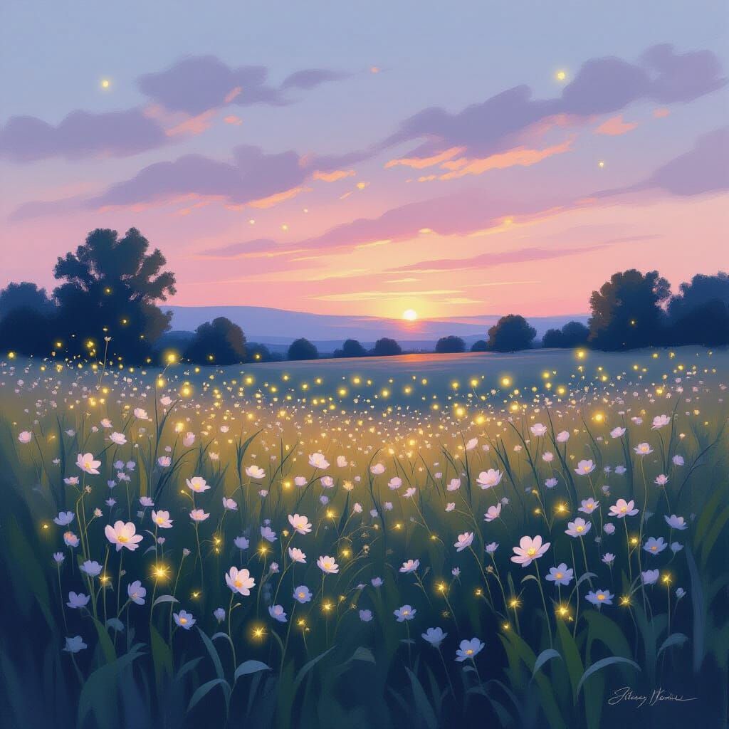 Twilight Meadow With Luminescent Wildflowers and Fireflies