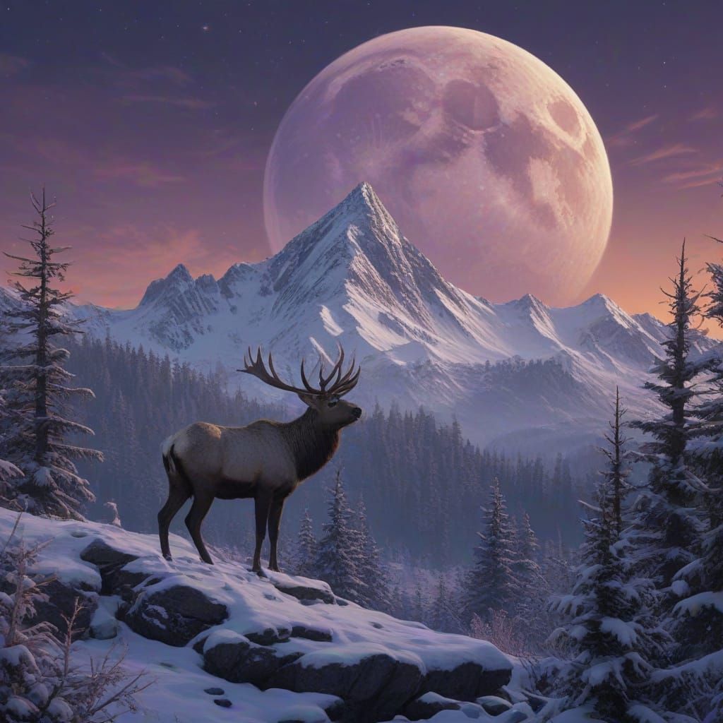 Surreal Mountain Scene Under Full Moonlit Sky with Majestic ...