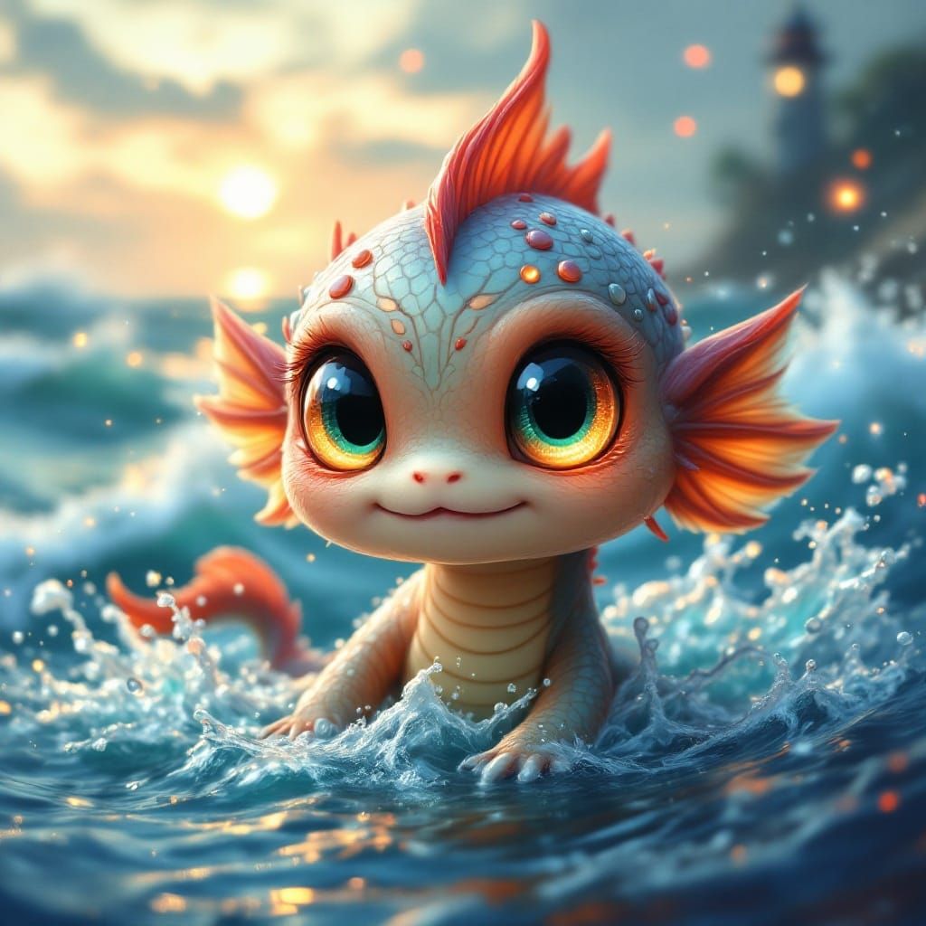 Whimsical Oceanic Creature in Sunset Glow