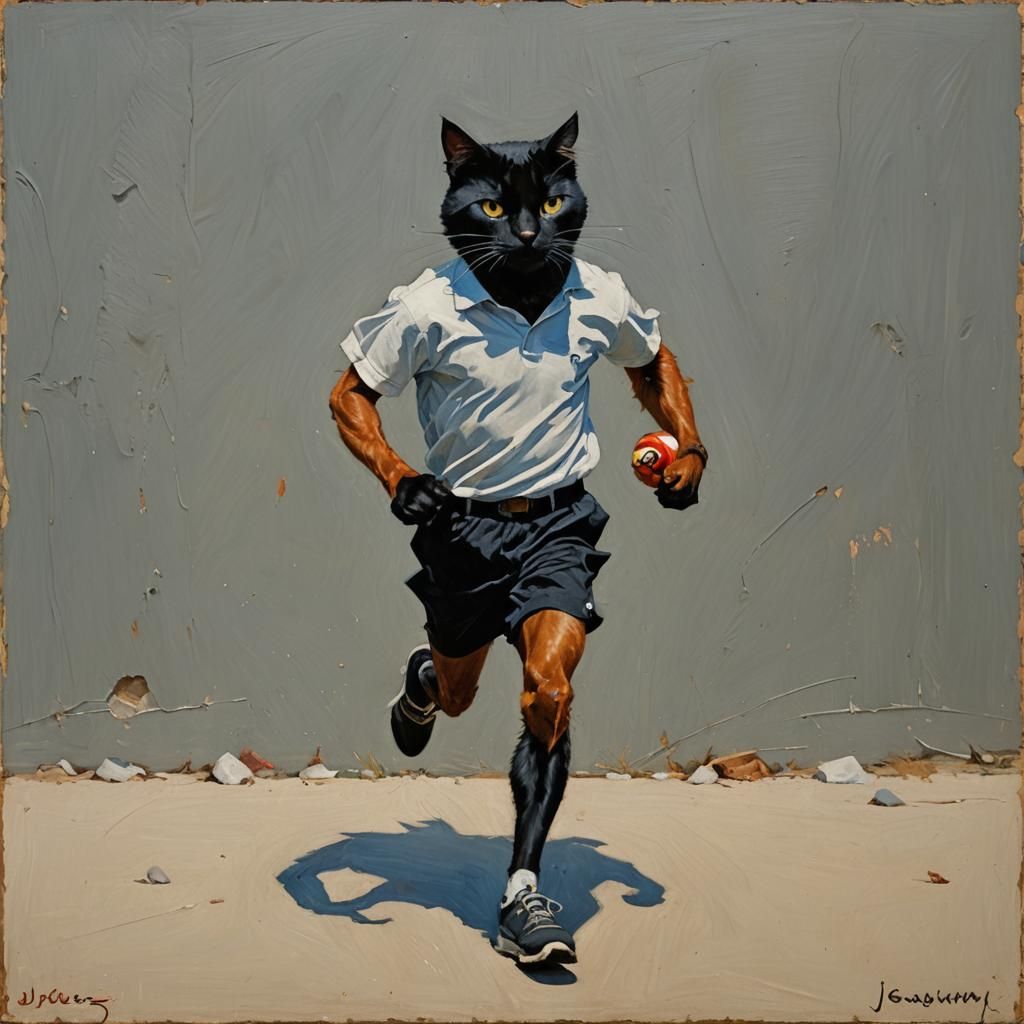 Black Cat Sprinter: Oil Painting in Gurney Style