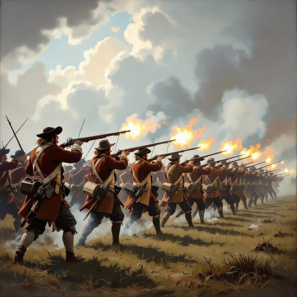 17th Century English Infantry Volley Fire in Dramatic Illust...