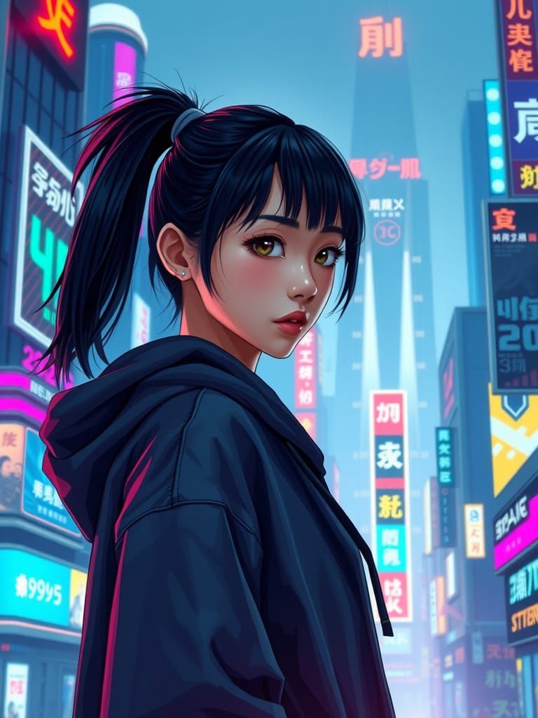 Futuristic Ami Yamato in Cyberpunk Cityscape