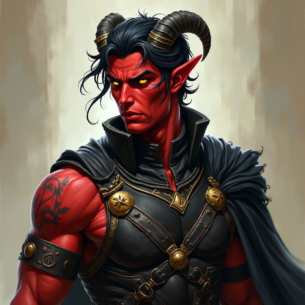 Dark Fantasy Tiefling Warrior in Black Armor