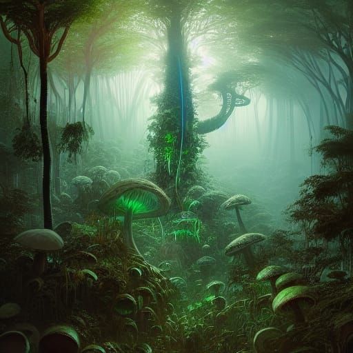 Luminescent Mushroom Jungle, Cel-Shaded Digital Art