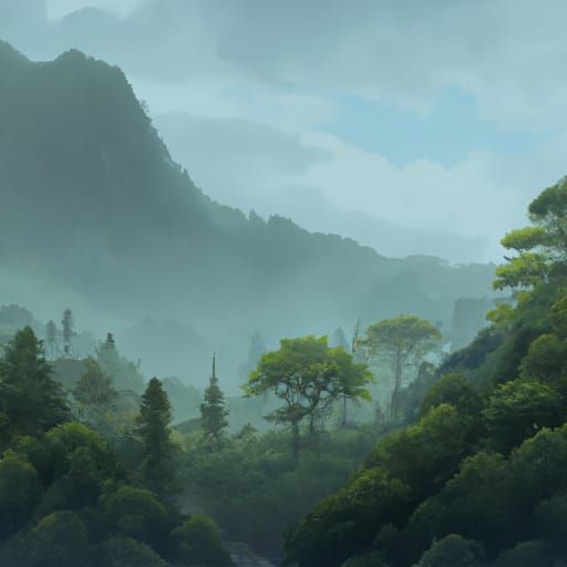 Anime-Style Foggy Mountain Forest Landscape