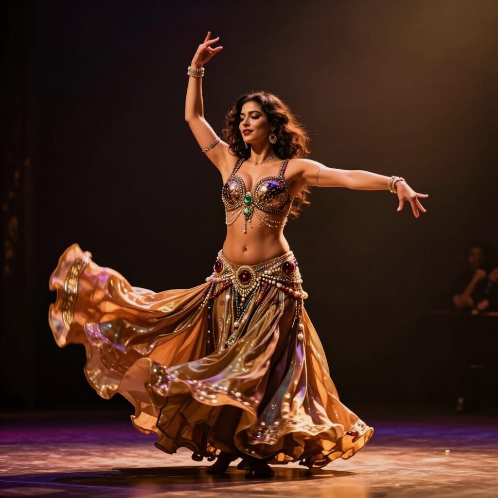 Belly Dancer Performs Dynamically on Dimly Lit Stage