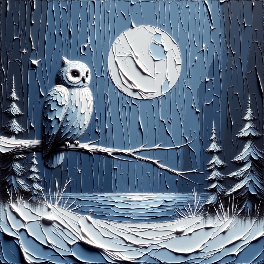Majestic Owl in Moonlit Winter Landscape as Impasto Painting