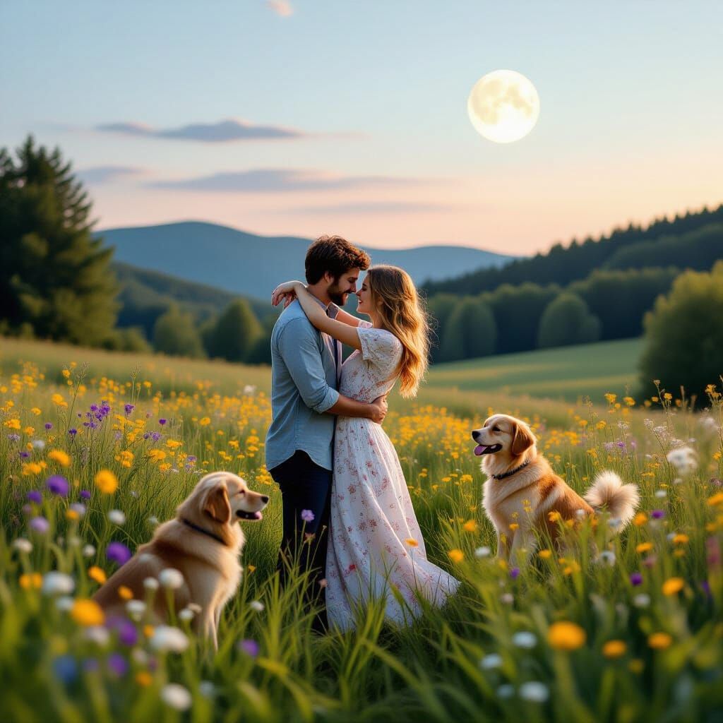 Couple Embracing in Moonlit Meadow, Golden Retriever Watches