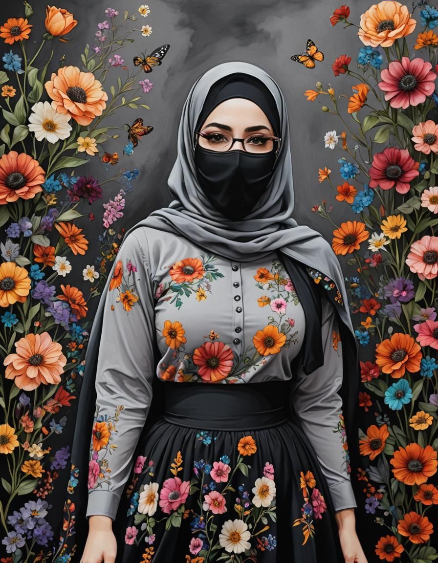 Psychedelic Hijabi Portrait with Flowers in Pop Art