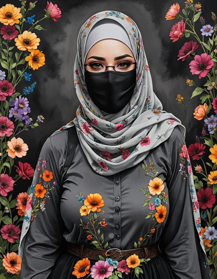 Intricate Portrait of Woman in Hijab and Mask, Pop Art